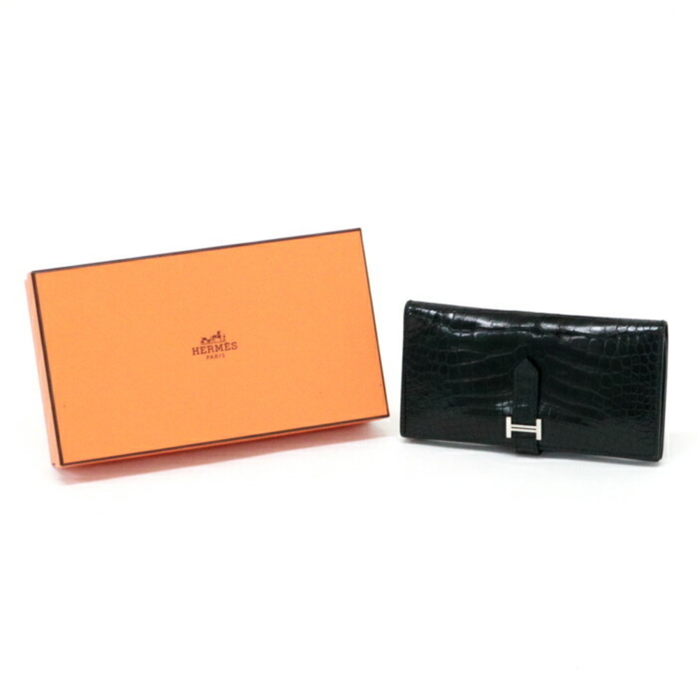 HERMES Bear Souffl Alligator Exotic Wallet Bifold Crocodile Noir Black
